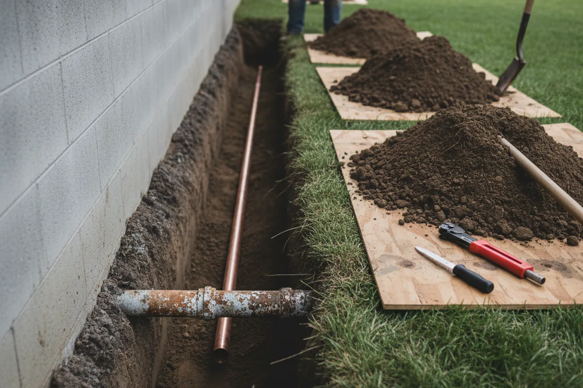 Excavated water line trench during Sewer Line Repair in Tariffville